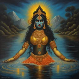 An oil painting of goddess Kali crossing a lake, neon gold colors, high detail eyes,