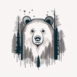 M shaped bear head combined with woods silhouette in backround, letterpress style, minimalistic pencil art