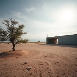 Photograph, close-up, wasteland, bright reflective aluminum cover, limit of the world, Truman show, tree, brutalist concrete architecture, sky, polvere, red spot, open air museum style, blue wire, apparecchi elettronici, powder, punto, minimalist, details of the dust very accentuated, deep 3d field