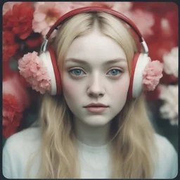 Futuristic Polaroid head shot of dakota fanning,with freckles on her face, hair adorned with big flowers, red cheeks and nose, headphone