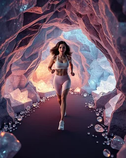 make a video pretty crystal cave covered with jewells and CIFI jewell lights and 3d recursive cubic and sphere base pearls and jwells a beautiful fashion model lady with cute,curvy hair,makeup, in pretty sports suit is running inside cave ,dynamic camera fallow her inside cave capturing full body, dynamic lights.