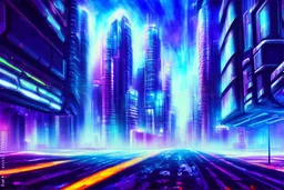 Futuristic cyberpunk street, planet in the sky, impressionism painting