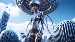 A slim young woman in a silver catsuit with circuitry, standing in a futuristic alien city holding a parasol shaped like a mushroom with tentacles