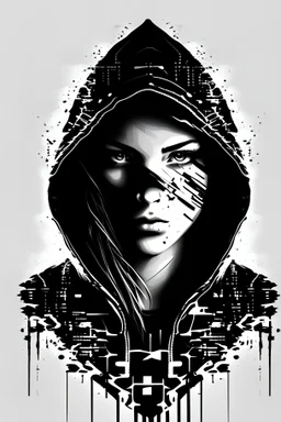 Create a logo of an epowered female hacker with an huddie with the face forward faceing, in black and white to be used as a logo