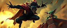 vampire cyberpunk action scene, acrobatic dodge, cape harlekin, spider venom, sun glasses, gremlin