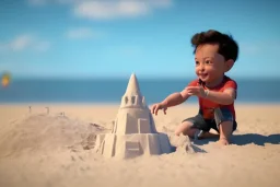 Toddler elon musk building a rocketship sand castle on the beach