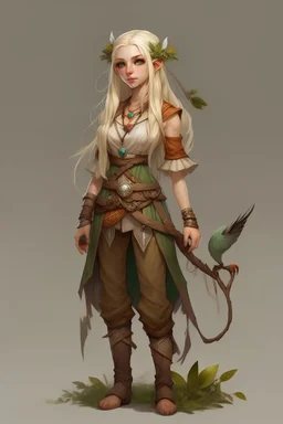 fullbody a girl druid wood elf with blond hair with some braids and loose hair and copperish skin with bird on arm and bow in hand