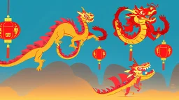 fantasy cartoon style illustration: chinese new year celebration dragon dance