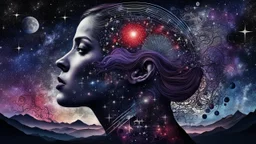 Double exposure of a female person's profile and a utopistic starry night sky, dramatic mood, dark depressive style, highlySurreal reflection, dark, melancholic, purple, gray, red, black colors, surreal abtractions, strange things, Kandinsky world detailed intricate, surreal, stunning,