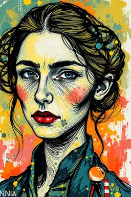 Ink oil portrait illustration of Vincent Van Gogh as a woman with highly detailed facial features in the magical realist style of Andrea Kowch and the abstract pop surrealism of Russ Mills in vibrant natural color