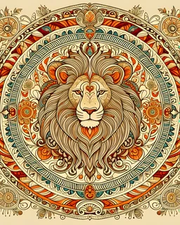 A majestic lion illustration at the center of the mandala, surrounded by intricate patterns and floral motifs.
