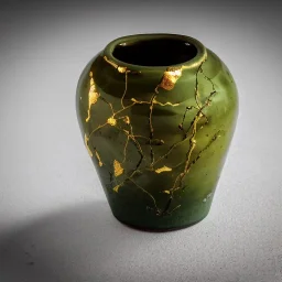 artistic photo of a tiny cracked ceramic vase repaired with gold, kintsugi, garden setting, beautiful landscape photography, beautiful, vines and leaves, delicate, cinematic, high detail, beautiful composition, delicate arrangement, aesthetic, soft lighting, award winning photography, tender