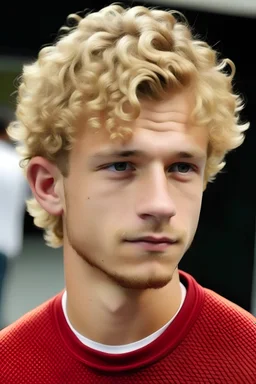 white boy with mahomes style curly haircut with teenager with blond hair