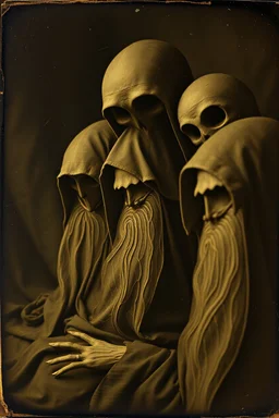 Daguerrotype close up some mysterious figures, odd background, Hieronymus Bosch, ambient light, by Minicavio Quollati and Marlost Endgulp, Amano, Botticelli, Alphonse Mucha