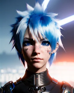 smirking Cyborg anime warrior, light blue hair, short and messy hairstyle, pierced ears, vivid blue eyes, freckles, waist up portrait, 8k resolution, intricate details, ornate details, soft lighting, vibrant colors, retroanime, masterpiece, intricate eyeliner, dark eyeshadow, eyes, intricate tattoos, futuristic cityscape background