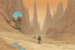 create an ethereal alien Venus desert canyon land with a little alien flora in the comic book style of Jean Giraud Moebius, David Hoskins, and Enki Bilal, precisely drawn, inked, and colored