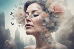 Double exposure, 45 year old woman with closed eyes, large false eyelashes, Flowers, Double exposure, intricate details, city, single bird