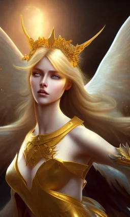 Female angel with beautiful face big wings and golden crown floating above the ground in the dark, michelangelo style, detailed, world of warcraft style