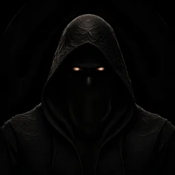 Hombre oscuro con capucha, fondo negro, calidad ultra, intrincado, maximalista, 8k