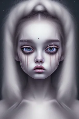 Crying girl, sad, expressive, emotive, frowning, furrowed eyebrows, pouting lips, soft pastels by Tim Burton