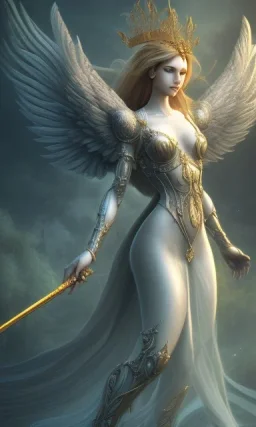 Female angel with beautiful face big wings and golden crown floating above the ground in the dark enviroment, michelangelo style, detailed, world of warcraft style, dark forest, trees, lightferry