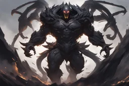 Golem with no eyes in 8k solo leveling shadow artstyle, venom model, cover eyes, evil laugh smile, darkness them, close picture, apocalypse, intricate details, highly detailed, high details, detailed portrait, masterpiece,ultra detailed, ultra quality