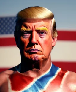 Realistic image of Donald trump wrestler, Mexican wrestling style, liner eye glow makeup face, red and blue breeches, us flag dress, suspenders, retro style, 80s, vibrant color, highly detailed, clean background, concept art, unreal engine 5, god rays, ray tracing, RTX, lumen lighting, ultra detail, volumetric lighting, 3d, finely drawn, high definition, high resolution.