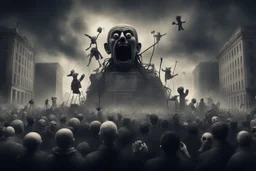 an evil government looms above, wielding puppets below as the news media broadcasts their suffering in the background, dystopian, dread, horror