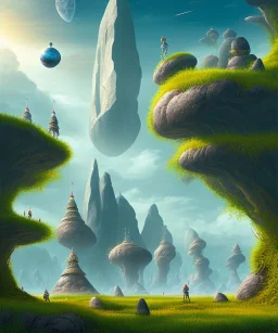 giant object with tiny people looking up at it , foreground, middle groun, far ground* Fantasy world landscape