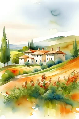 watercolor ,landscape, many colors, detailed, colorize, white background a hills, Tuscan villa on rolling hills, surrounded by green cypress trees and blooming fields. Infuse the scene with sunlight, conveying a cozy and tranquil atmosphere. a white background 9:11