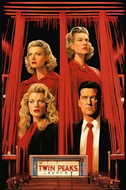 Movie poster art for "Twin Peaks" surreal TV drama by David Lynch, 'Who Killed Laura Palmer?', double exposure photo layering of ethereal Kyle Mcgloughlin and Sheryl Lee visages, beautiful modern poster composition by Drew Struzan, stunning dramatic artistic composition, red stage curtain bordering.