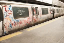 Jesus Christ is Writing the text using a spray can, Write this text everywhere: "KEBAB BROTHERS", "KEBAB BROTHERS", "KEBAB BROTHERS", "KEBAB BROTHERS", "KEBAB BROTHERS", "KEBAB BROTHERS", in Graffiti text, in the train station