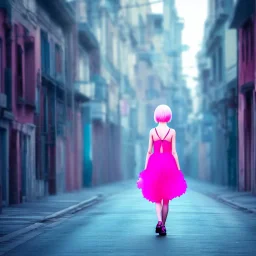 Beautiful lonely girl who walks along a street without people at dawn. You see her from behind. She wears very short yellow dress. She has short pink hair with glowing crystals. Full body, 8k resolution concept art. Professional Photo HD. Stylish. Warm vivid colors. Panoramic