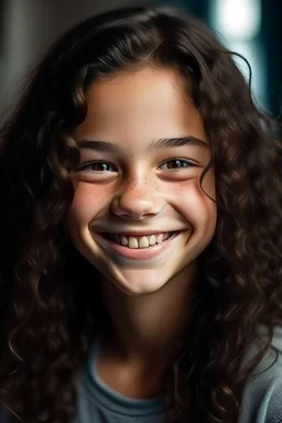 14 year old smiling girl with heterochromie, dark brown eyes, long dark brown frizzy curls, freckles all over the face, gap between incisor teeth