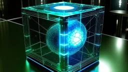 Cube tesseract from movie Loki size 2/3 of image. Located strictly in the middle of picture with space around it and with navy blue/green glow inside tesseract. Without surface/table on which it stay.