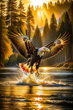 An image capturing a majestic eagle in flight, gripping a large fish in its talons as it soars above a winding river. The sunlight glistens on the water below, and the eagle's powerful wings spread wide against the sky. The scene showcases the eagle's incredible hunting prowess and the dynamic beauty of the natural world.