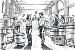 workers dancing in a industry factoty , a drawing with sketch lead pencil, barrels and crates that needs pushing and pulling
