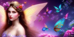 bright fairy, beautiful portrait, flowery landscape