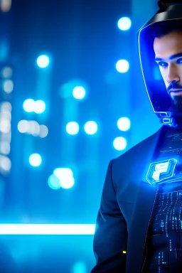 cyberpunk, neon blue, high technology, geometric figures, orbiting figures, cyberpunk suit, black and blue, epic, rain, neon blue suit, geometric figures orbiting around suit, exosuit, male