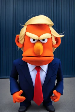 a Film Photograph of a realistic angry orange Donald Trump Muppet made of thick cotton and felt wearing a dark blue suit and red tie and with blonde hair combover, he is old and angry with a round mouth