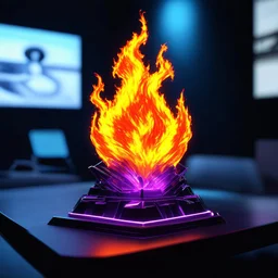 A 3D cyberpunk-inspired flame. The flame transitions from deep purple at its base to intense orange at its peak, with intricate energy patterns swirling within. It should have a realistic, volumetric appearance with a sense of depth and movement. The room around the flame is blurred but hints at futuristic design - sleek surfaces, subtle neon accents, and perhaps holographic displays. Vibrant lighting illuminates the scene, dominated by orange hues that ble