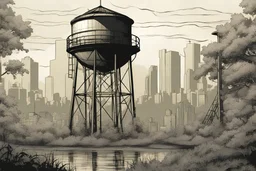 watertower, overgrown apocalyptic city background, comic book,