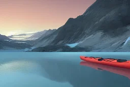 highly detailed glacial lake landscape, sunset, cinematic lighting, 4k, 8k, octane render, trending on 500px, pinterest, extremely detailed, ambient lighting, single frame, tiny kayak in foreground