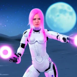 cyborg cute girl, white and pink hair, sexy, with a laset gun, under an alien moon, misty, realistic, 4k