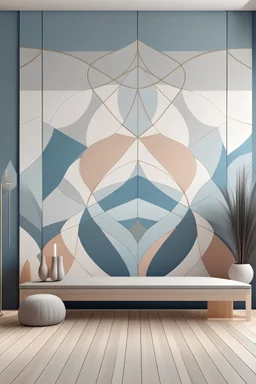 Create a handpainted geometric wall mural inspired by yoga's fluid movements. Utilize gentle curves and calming colors to evoke a sense of serenity and harmony."