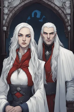 A couple, from the dnd game curse of Strahd. The woman has long white hair and blue eyes, the man has LONG BLACK hair and red eyes, no facial hair.