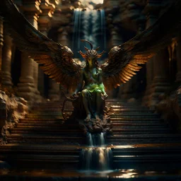 portrait of fantastic flying winged medusa in front of a staircase into a portal to the desert in the middle of a waterfall, photo-realistic, shot on Hasselblad h6d-400c, zeiss prime lens, bokeh like f/0.8, tilt-shift lens 8k, high detail, smooth render, down-light, unreal engine, downlight, prize winning