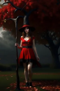 a young witch in a red low-cut short skirt, standing under a black tree, with a staff in one hand, photorealistic, delicate detail.