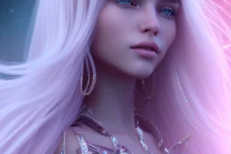 beautiful, soft, blues soft eyes, smiling, whole head, straight and blonde long hair, brillante suit, background pink and brillante, background crystal castle,dont cut the top of the head ultra high definition, 8 k, unreal engine 5, ultra sharp focus