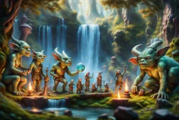 book cover oil painting of archeologists discovering elven woodland creatures with magical glowing bows in Rivendell worshipping big fat alien troll statues with many head and idols like from a myth or legend, on a strange planet with weird colors and waterfalls, bokeh like f/0.8, tilt-shift lens 8k, high detail, smooth render, down-light, unreal engine, prize winning